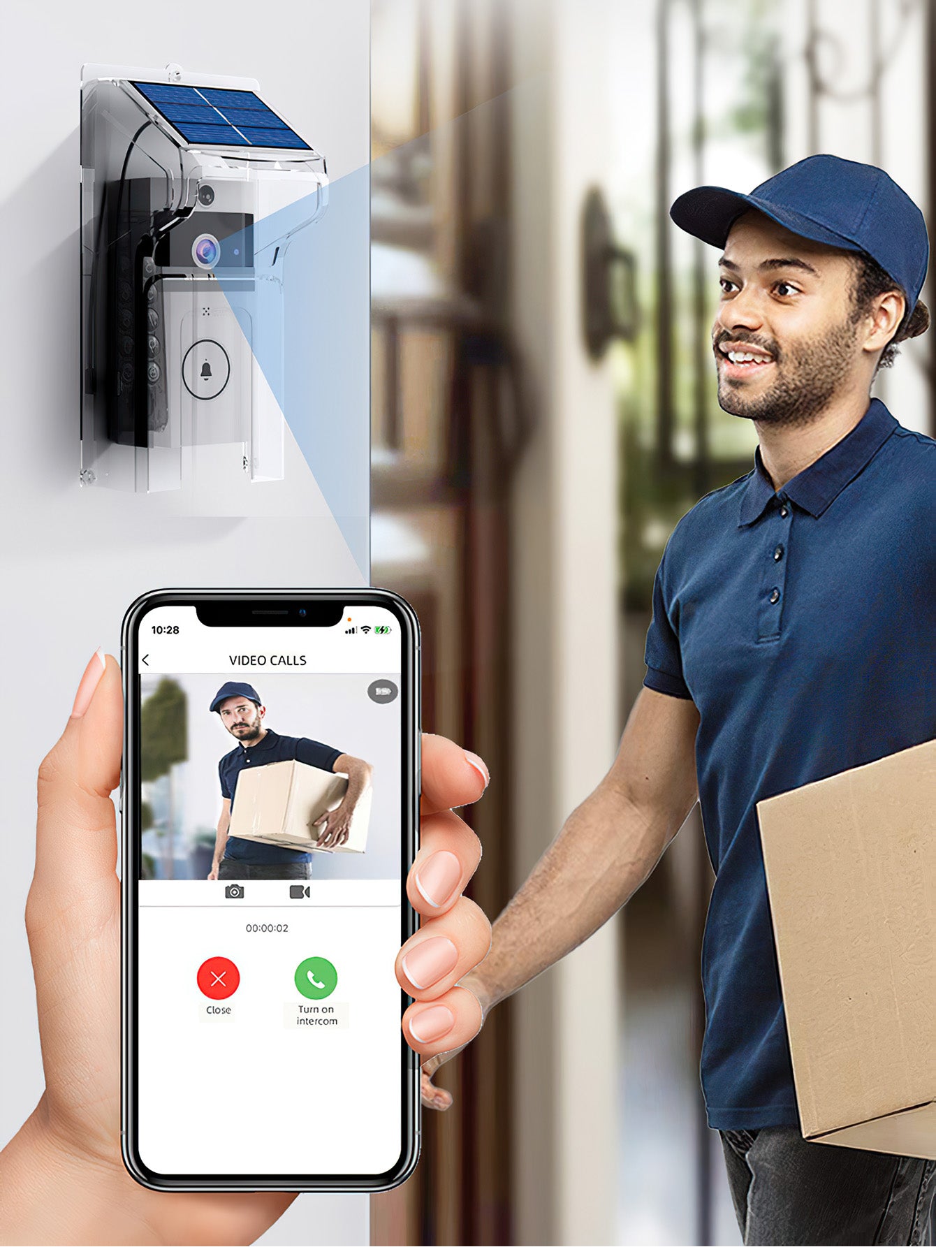 Wireless video doorbell with solar rain cover, ultra long standby voice changing intercom monitoring camera