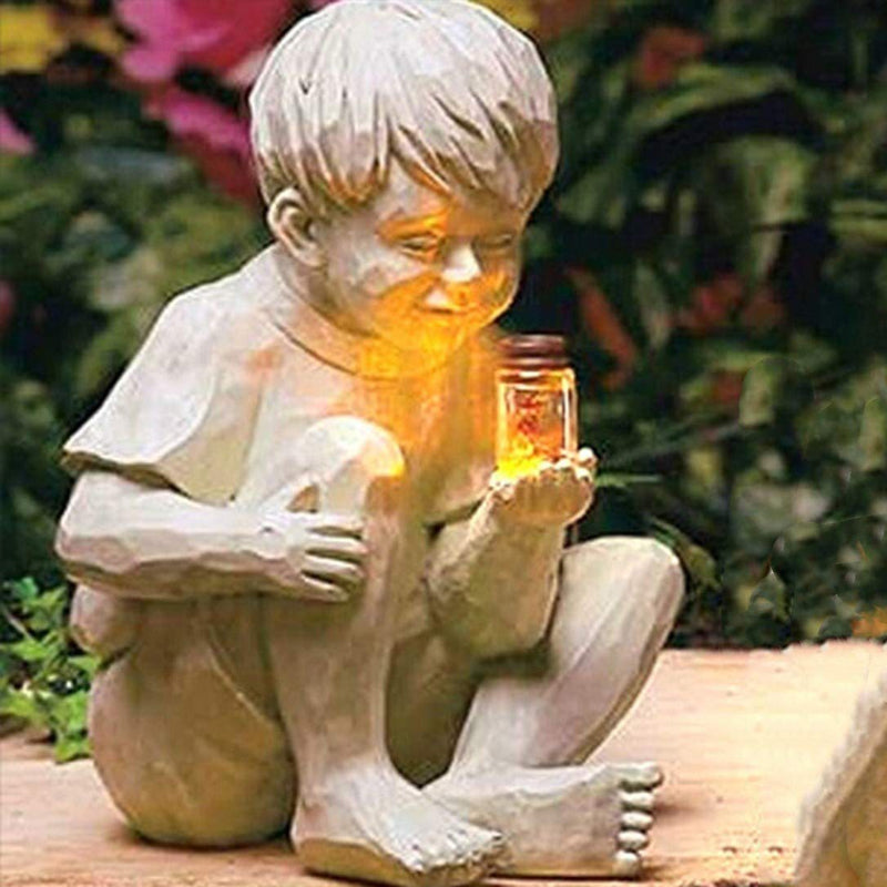 Solar resin boy and girl garden ornaments sculpture