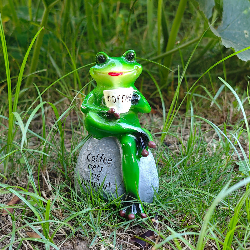 Outdoor garden courtyard frog drinking coffee ornaments