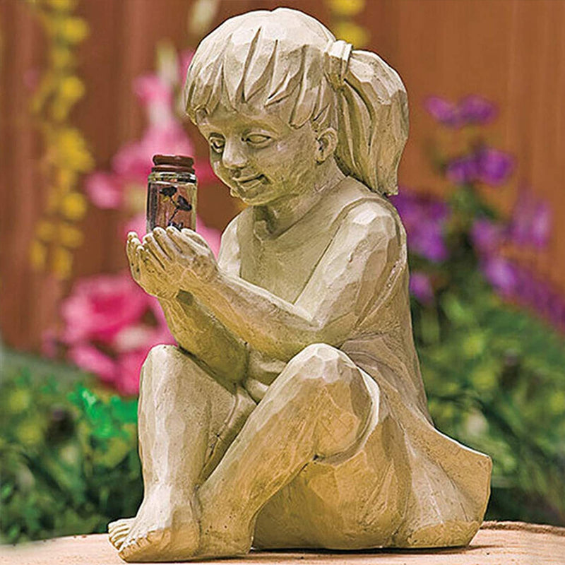 Solar resin boy and girl garden ornaments sculpture