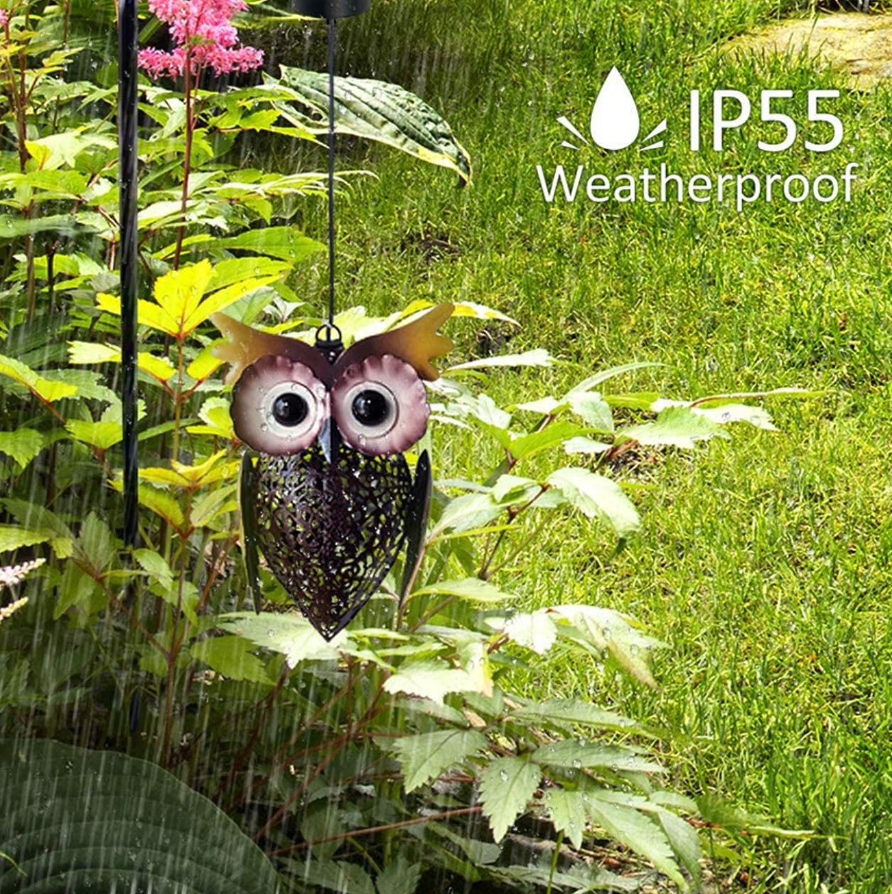 A owl shaped garden solar light with iron hollow pendant light