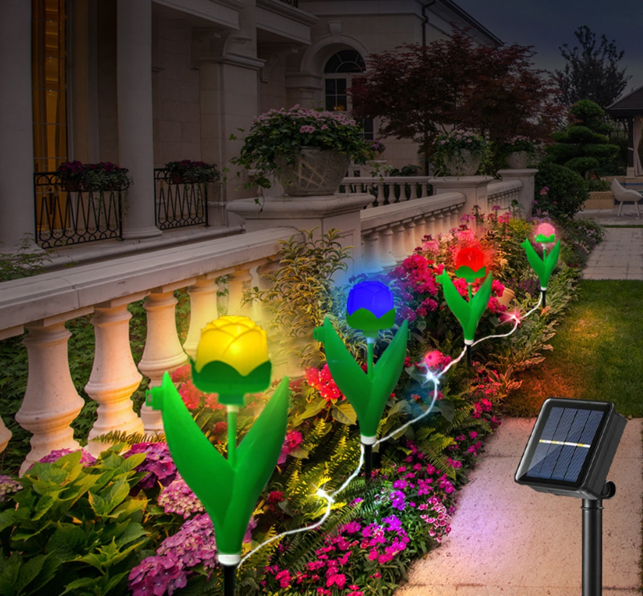 A set of 4 colorful rose outdoor solar lights