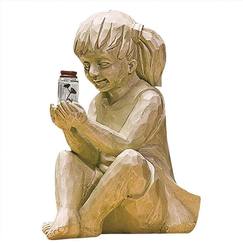 Solar resin boy and girl garden ornaments sculpture