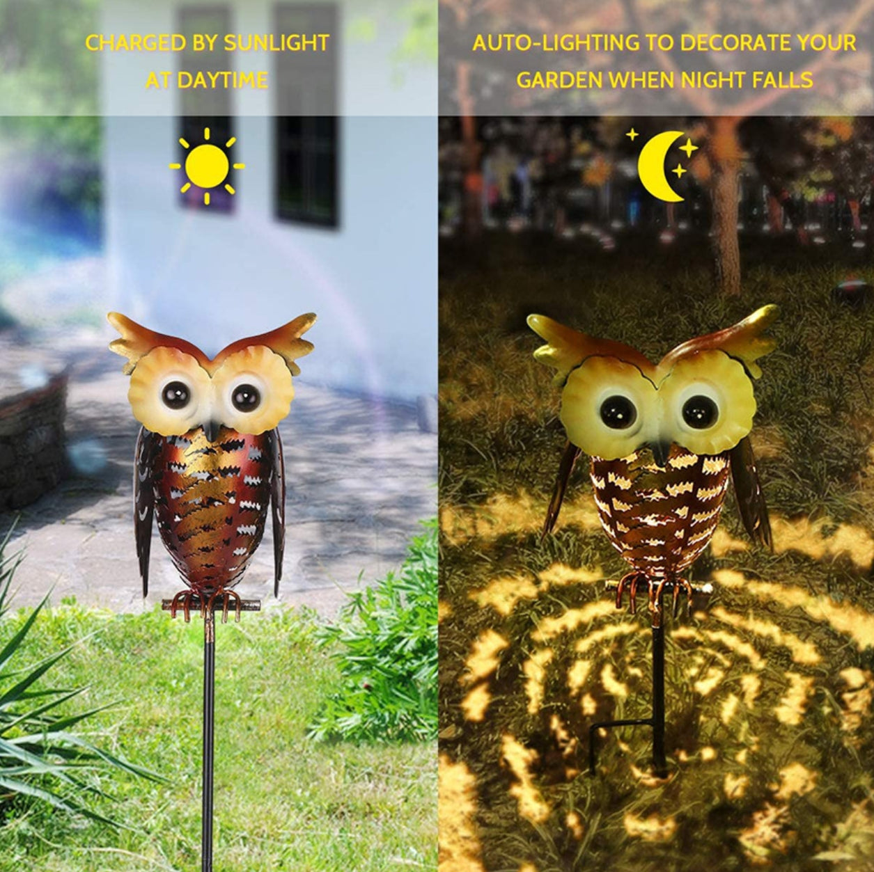 A owl shaped garden solar light with iron hollow pendant light